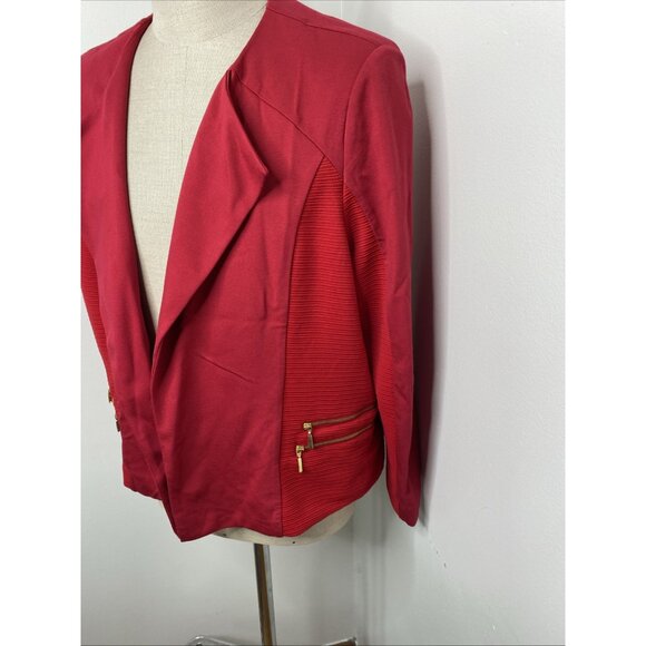 NEW Chico's Sz 3 L Red Jacket Open Front Gold Zippers Blazer Motto - Picture 4 of 9
